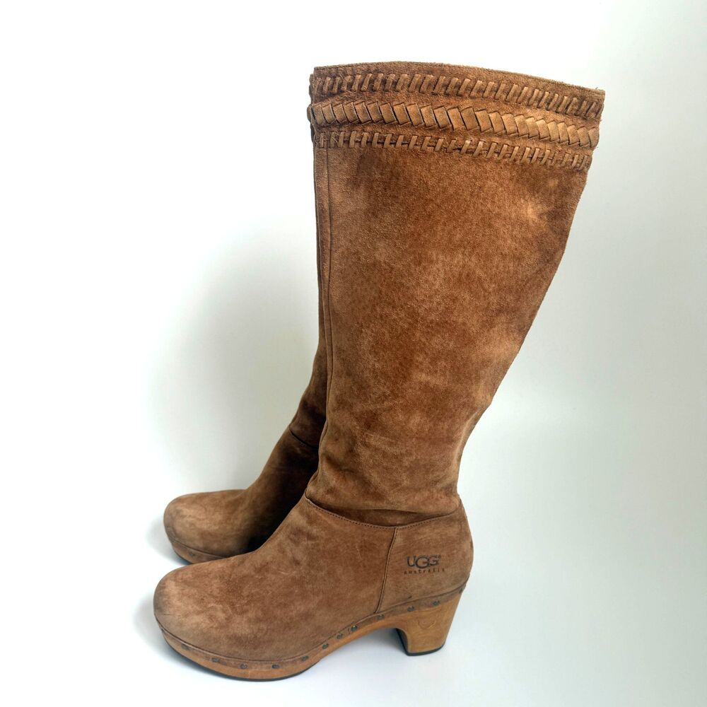 UGG Boots Rosabella Knee High Y2k Wood Clog Heel Suede Leather Tan Size 9